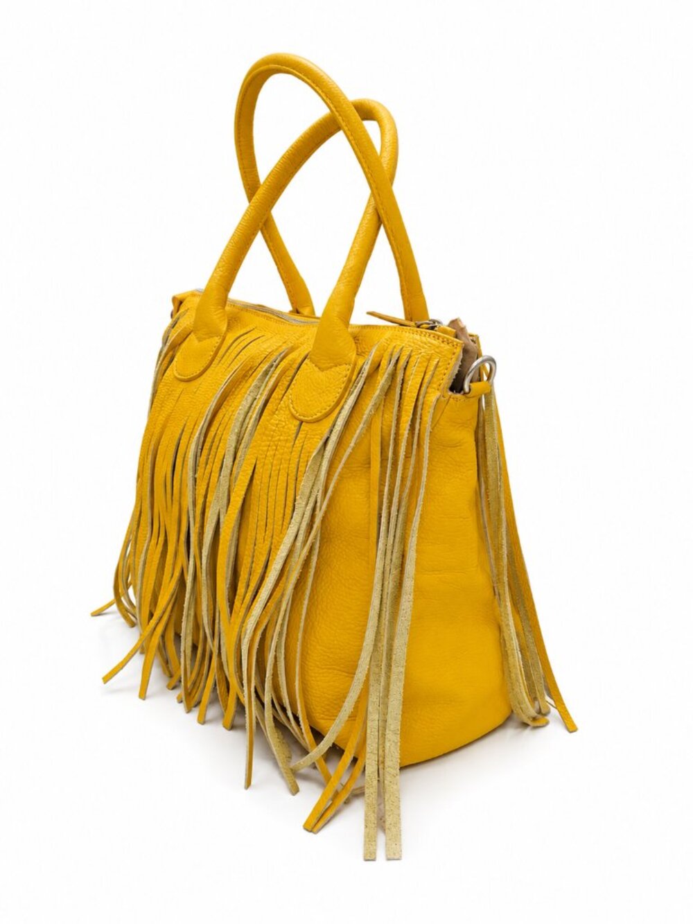 Alberta di Canio Yellow Leather Fringe Tote Bag Made in Italy Boho Handbag - Picture 3 of 7